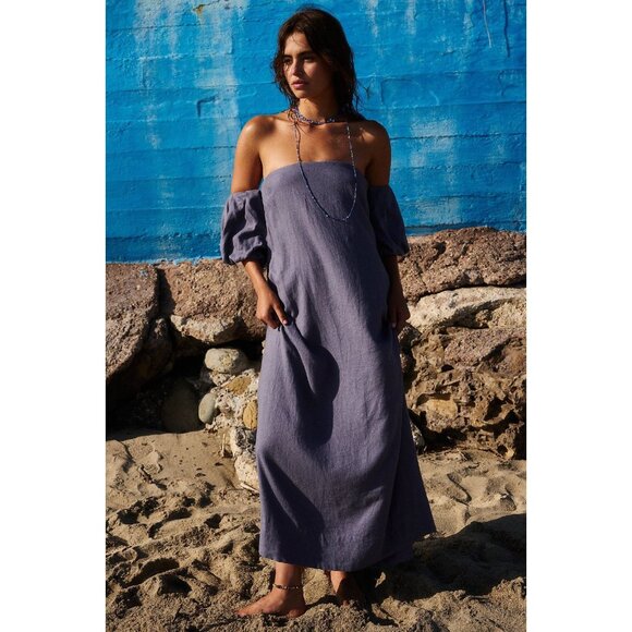Free People Julietta Off Shoulder Maxi Dress S Blue Granite Linen Puff Sleeve - Picture 1 of 16